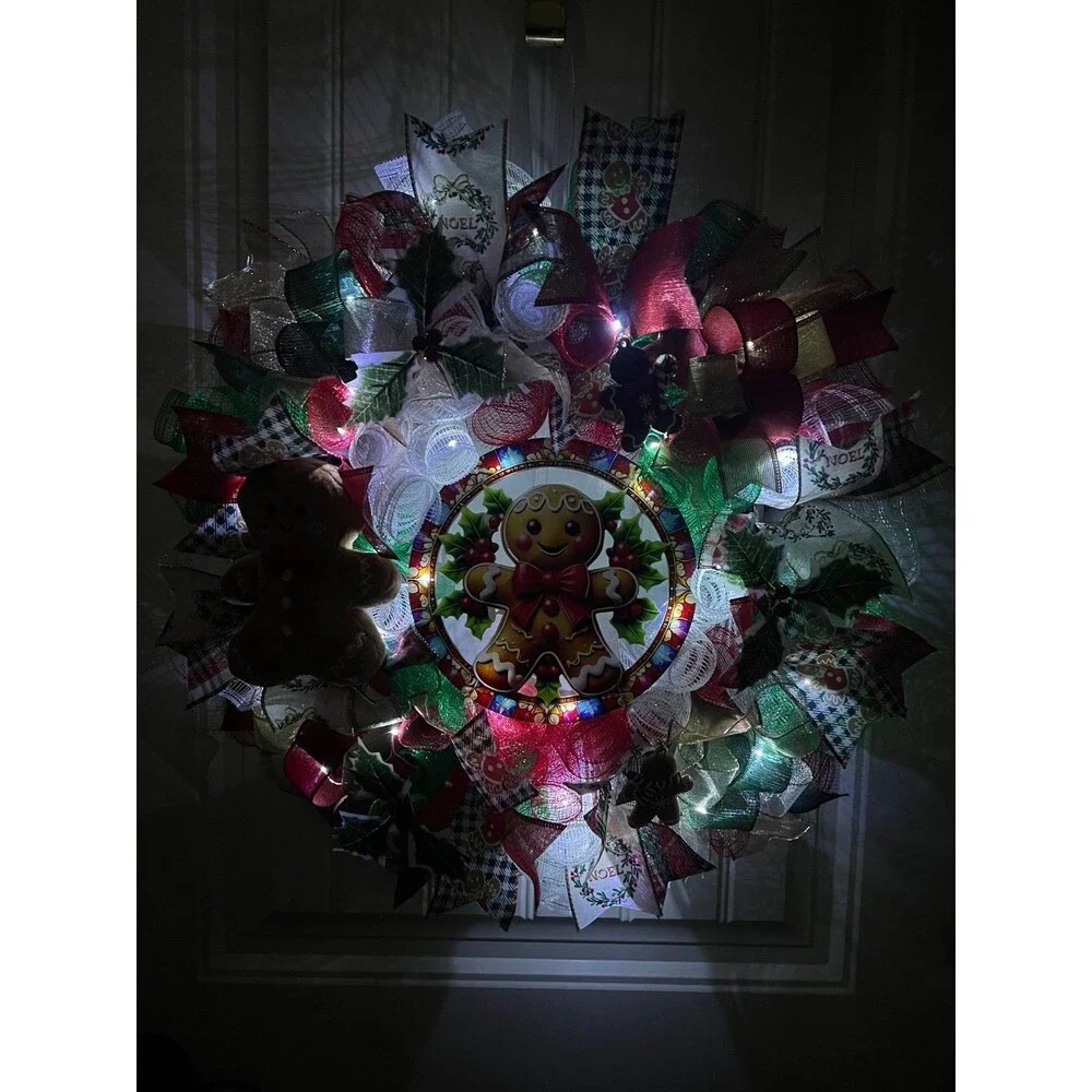 Handmade Christmas Gingerbread Holiday Ribbon Door Wreath 22 ins W78